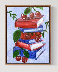 Original Books & Cherries 12×16 Canvas Acrylic Colorful Wall Art Home