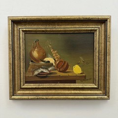 Refined Still Life Oil Painting „Earthen Jug“ Detailed Small Art
