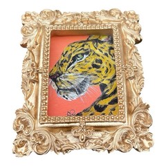 Leopard “Big Cat” watercolor print in mini gold vintage style ornate frame