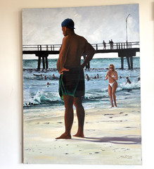 John D’Auria Original Painting Beach Pier Coastal Art 30×40 Signed 1993