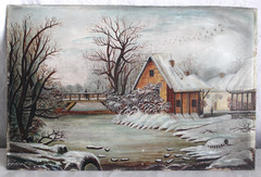 ANTIQUE FOLK ART OIL PAINTING VILLAGE BRIDGE RIVER SNOW WINTER LANDSCAPE PEOPLE