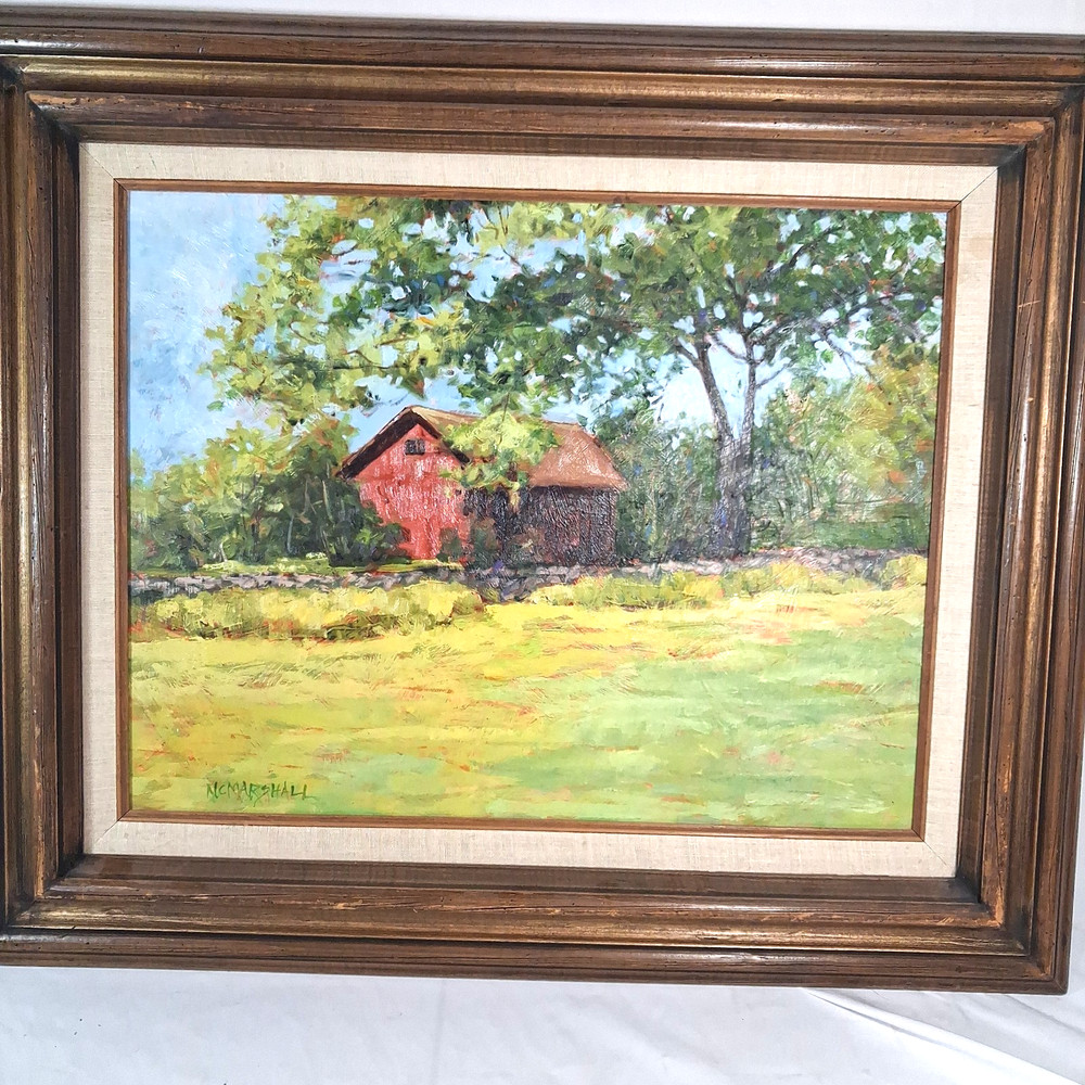 Red Barn Cabin Landscape Original Oil Painting Signed McMarshall On Board