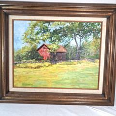 Red Barn Cabin Landscape Original Oil Painting Signed McMarshall On Board