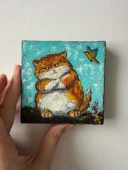 Ginger Cat Original Art Small Wall Art on Canvas Impasto Artwork Orange Cat Art