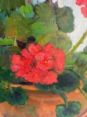 Floral Geraniums Still Life Painting by Martha E. Weber – 20th/21st Century, Oil