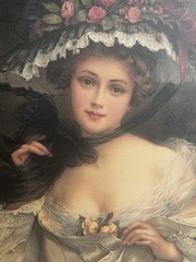VINTAGE YOUNG WOMEN W/FLOWERS ART PRINT GOLDEN FRAME ON CARDBOURED SIGNED