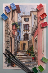 Сityscape Watercolor Original Painting European Architecture Old Town Artwork