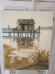 Waterscape Fishing Cabin Dock Acrylic On CANVAS Painting, Large 30″X24″, Signed