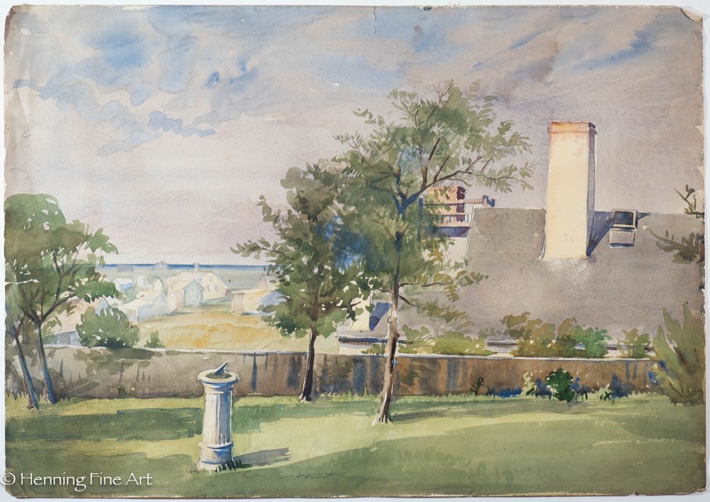 Stunning Antique Watercolor Landscape Coastal Town with Sun Dial Unsigned & FINE