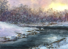 ORIGINAL WATERCOLOR WINTER LANDSCAPE by Linda Henry – Matted and ready to frame!