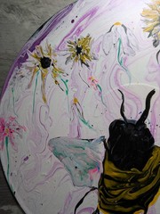 Original Art Acrylic Pour Vinyl Record Bumblebee And Flowers