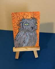 ACEO Original Acrylic Owl Painting 2.5 X 3.5”. Golden Gaze
