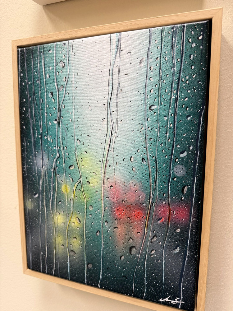 Original Acrylic Painting 9×12 Frame City Bokeh Art in Natural Wood Frame Decor