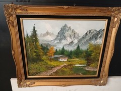 Vintage Mountain Cabin framed Art Painting 20×24 framed canvas