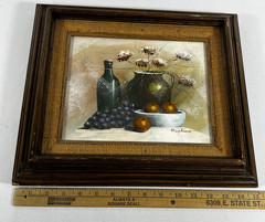 Vtg Original Still Life Oil Painting Fruit Wine Flowers Vase Signed Cottage Core