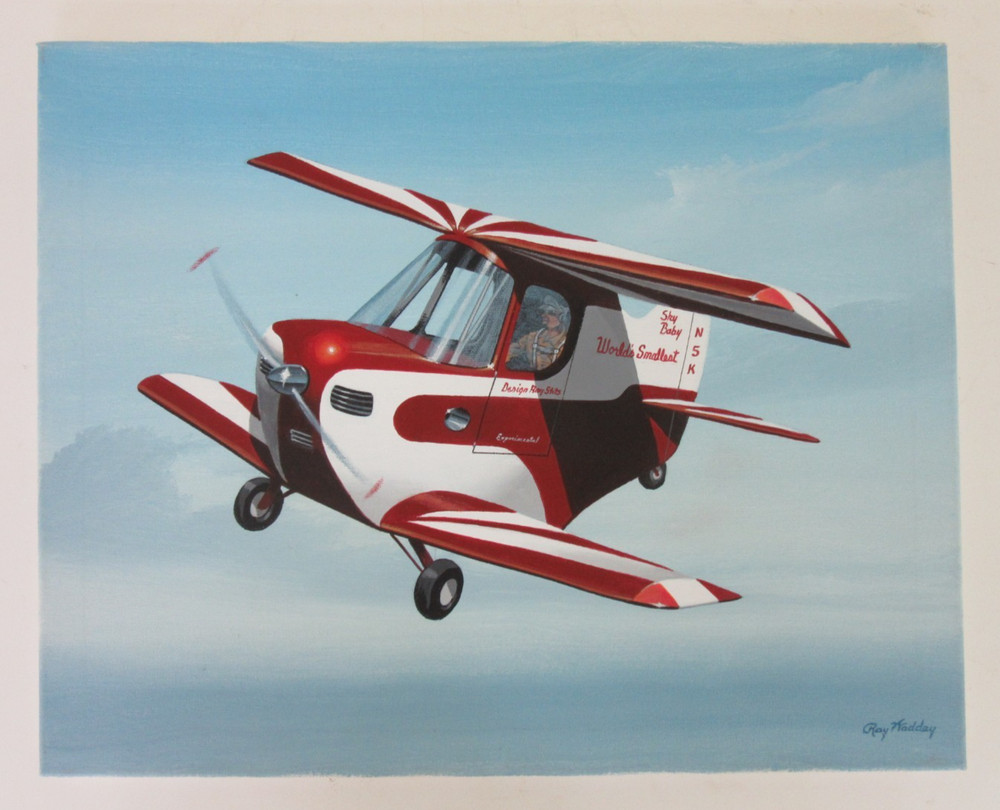 Raymond Waddey Painting Ray Stits SA-2A Sky Baby 1952 Smallest Airplane, 16″x20″