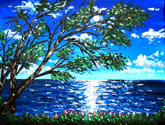 ORIGINAL Painting Moonlight Seascape Ocean Art Moon trees Signed Includes COA