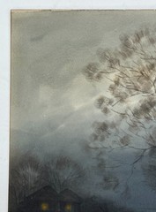 S. Tosuke “ Moonlit Landscape“ Original Watercolor Painting on Cardboard. 1930s