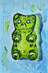 Gummy Bear Green Oil Painting 10×15 cm Pastose Technique Painting on Canvas Fabric