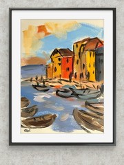 Original Mediterranean Harbor Painting 9×12 Paper Expressionist Art Color Study
