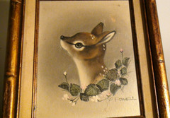Vintage Fawn Painting Bronze Bamboo Framed Signed Powell 8 x 10