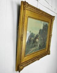 Antique Gorgeous Litho Taming Horses after Sicard Ornate Frame Wood Plaster