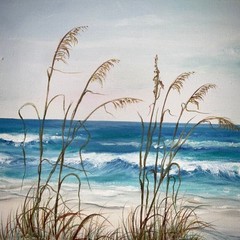 Americana painting coast ocean seascape original 90s decor shore sandy beach