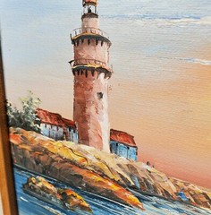 Lighthouse Seascape Oil Painting Sunset Boat Signed M Gartland Beach House Decor