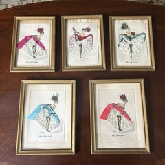 5 Vintage Janicotte FRENCH CAN-CAN DANCER Watercolor Paintings Signed Framed Set