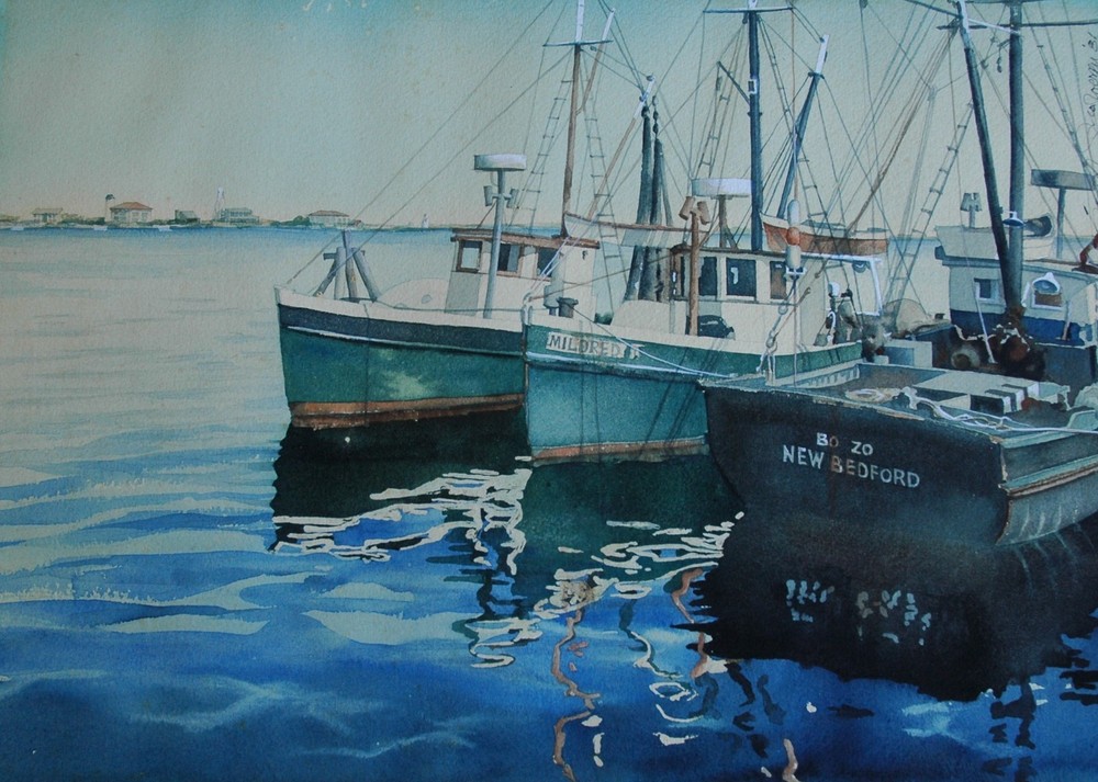 Beautiful 1981 Watercolor Titled „Fishing Boats, Nantucket“ Illegibly Signed