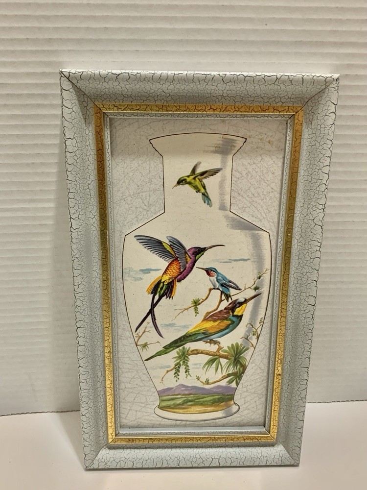 Alcora Made in Spain Tile Hummingbirds Art With Gold Trimming. Vintage Rare Uniq