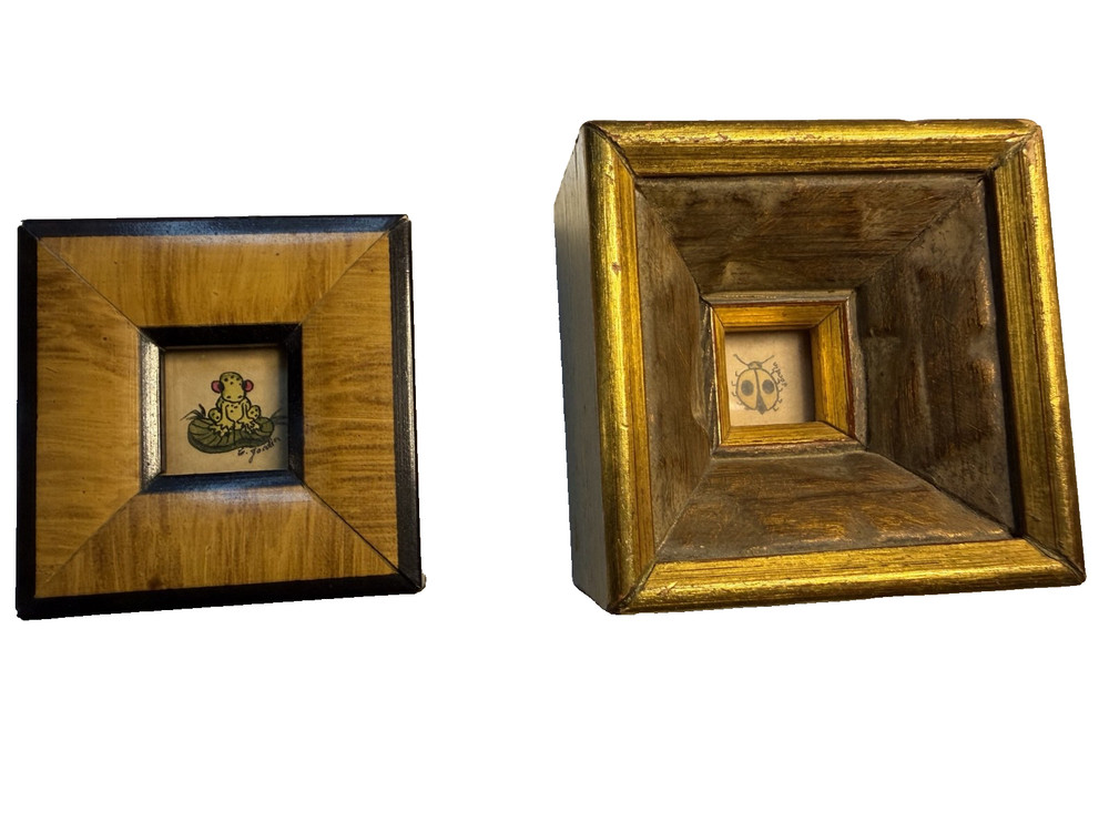 Signed Miniature Folk Art Paintings Pair B. Jordin Whimsical Frog Insect Vintage
