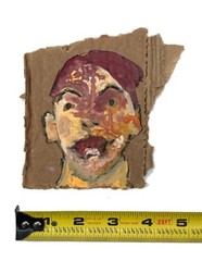Original Outsider Art Primitive Abstract Man Portrait Painting Torn Cardboard