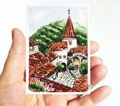 ACEO Original Art Dracula Bran Castle Romania Painting Watercolor Gothic