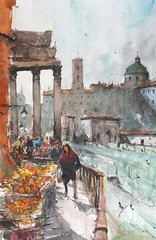 ORIGINAL PAINTING WATERCOLOR ITALY CITY SCENE ROME FORO CITYSCAPE MARKET 20x 12i