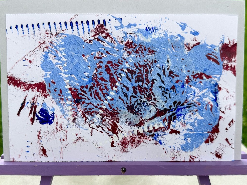 „Paper Bag“ Blue and Red Small Abstract 8.5 x 5.5in Painting