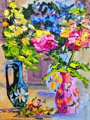 Colourful Flowers Vases Oil Painting 15x20cm Plants Art Painting on Painting Board