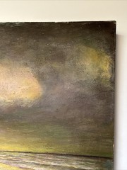 Antique Painting Wpa Regionalism Beach Fisherman Sunset Evening Coastal Sea Oil