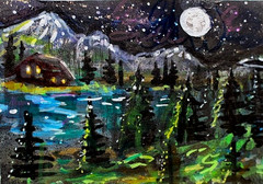 ACEO Original Painting Summer CABIN Mountain Night Stars Moon Landscape ATC ART