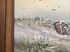 VTG Framed Oil On Canvas Painting Seascape Beach Seagulls Boat Signed 16 X 14”