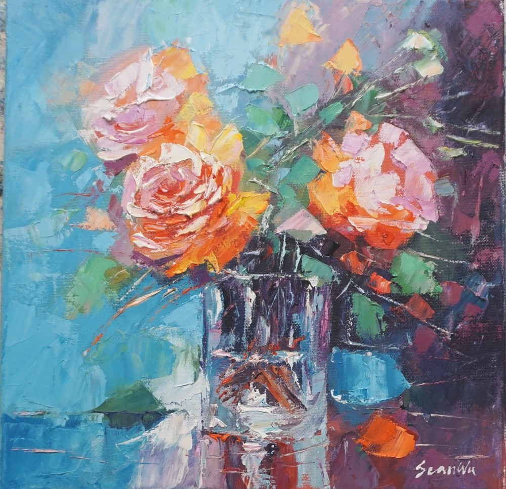 Sean Wu original oil painting, 12×12 on stretched canvas，flowers in a glass