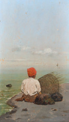 GIUSEPPE CIMAGLIA boy by the sea oil painting Naples fisherman fish trap 19th century painting