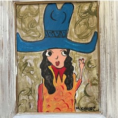 Mid Century Whimsical Folk Art Cow Girl Portrait by So Cal Artist Miguel Chavez