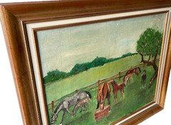 Mid-Century Modern (MCM) Original Farm Scene Horse and Pony – Oil on Canvas