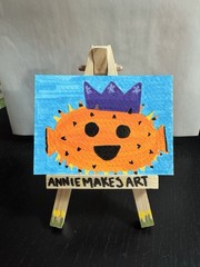 ACEO Original ATC Pufferfish Puffer Orange King Ocean Cute AnnieMakesArt