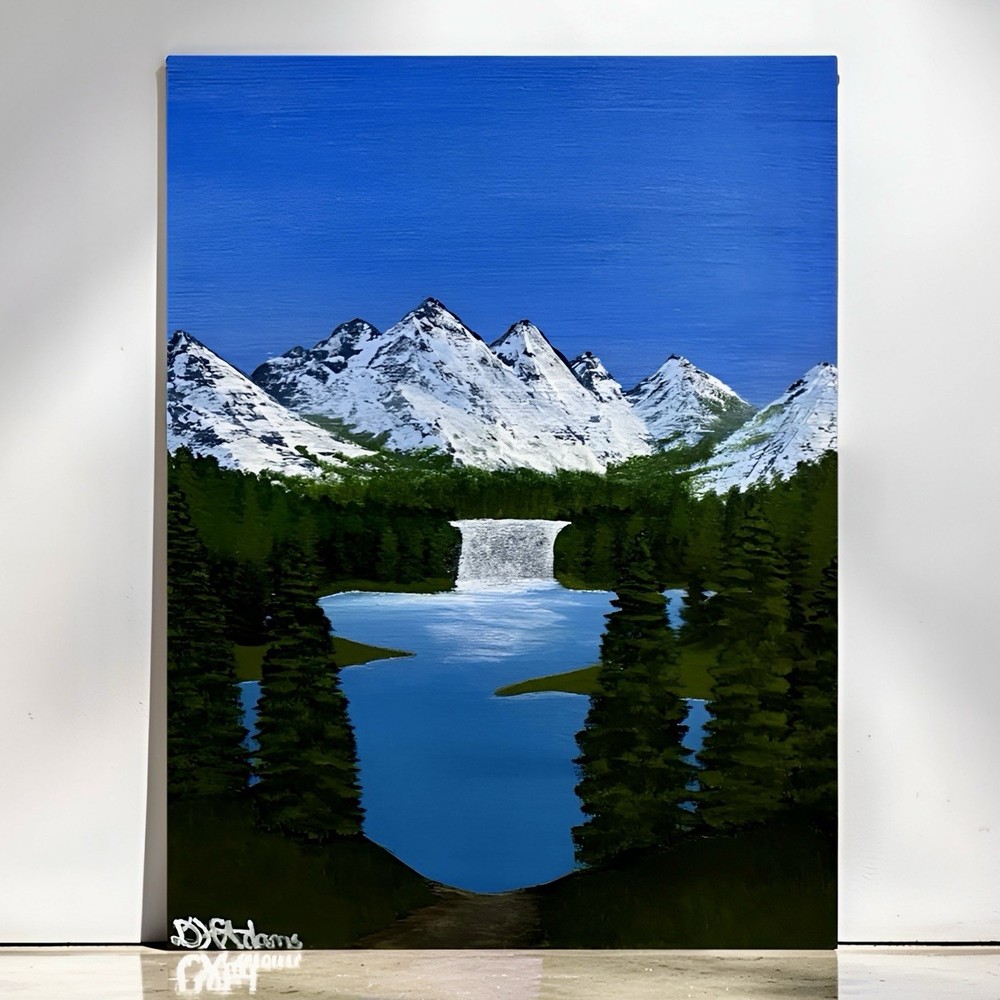 Original Acrylic Painting Snowy Mountain Landscape Waterfall Fine Art 11×14