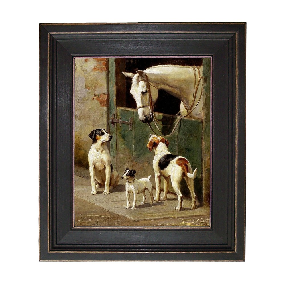 Dog and Horse at Stable Framed Oil Painting Print on Canvas