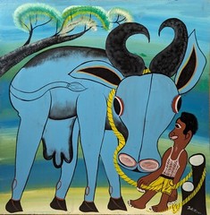 JURIBUNI 2 Paintings of MAN AND HIS BUFFALO COW CLASSIC TINGATINGA board 2’X2′
