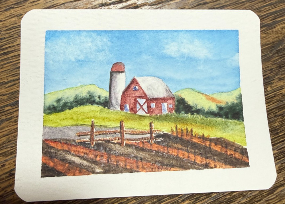 aceo original watercolor painting-NOT A PRINT. Barn and Field