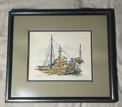 VTG MCM Watercolor Painting Signed P. Wong Chinese Junk Boats Nautical Art 1960s